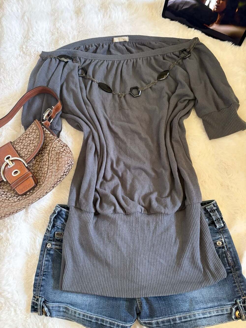 Sirens Y2K Off-the-Shoulder Sweater Gray Jersey Knit